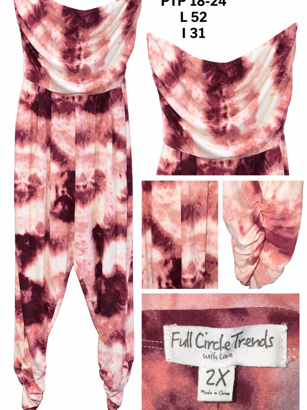 Plus-Size Strapless Tie-Dye Jumpsuit in Mauve Pink (2X)